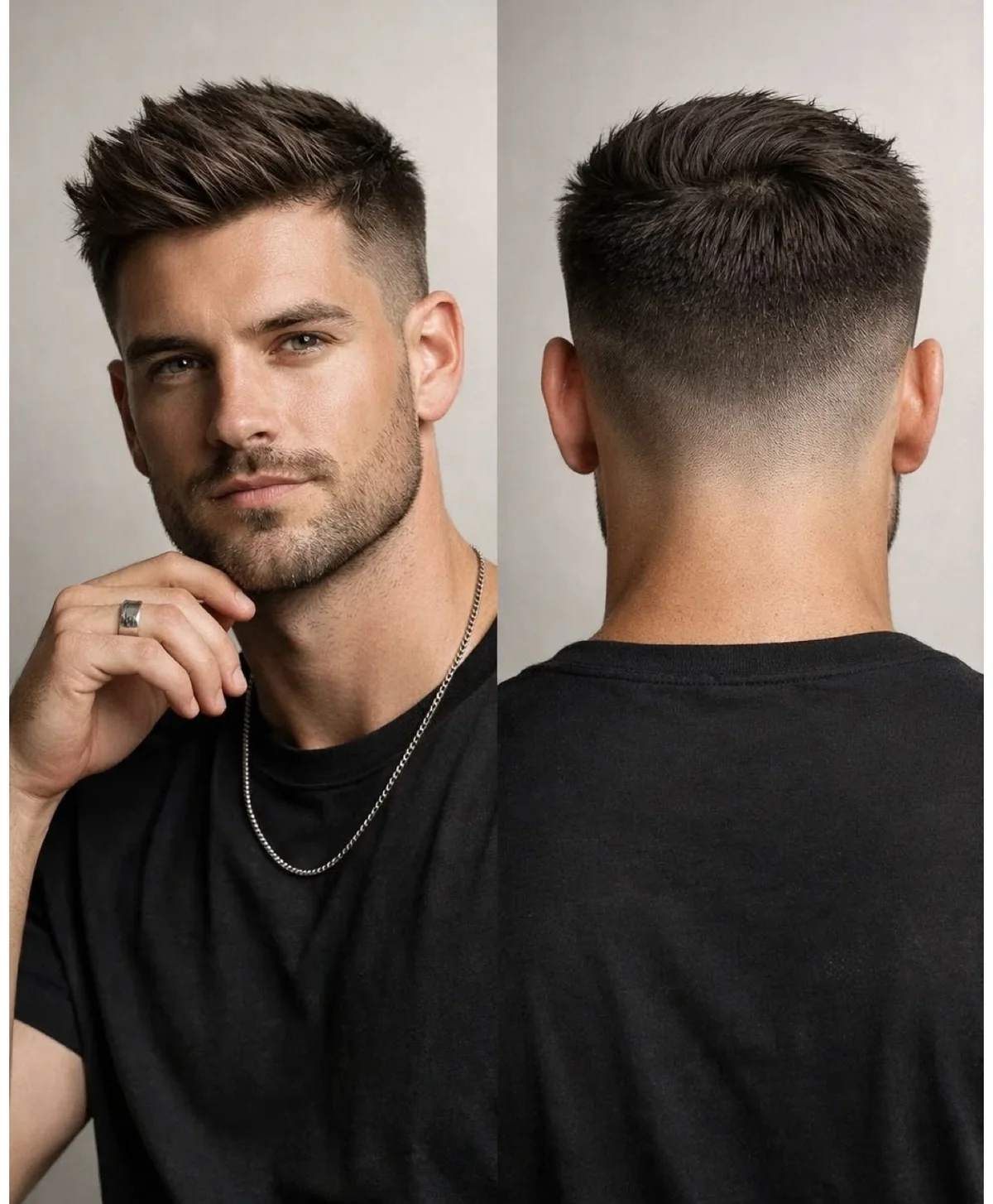 Modern Quiff muška frizura sa kratkim bokovima, prikaz spreda i otpozadi